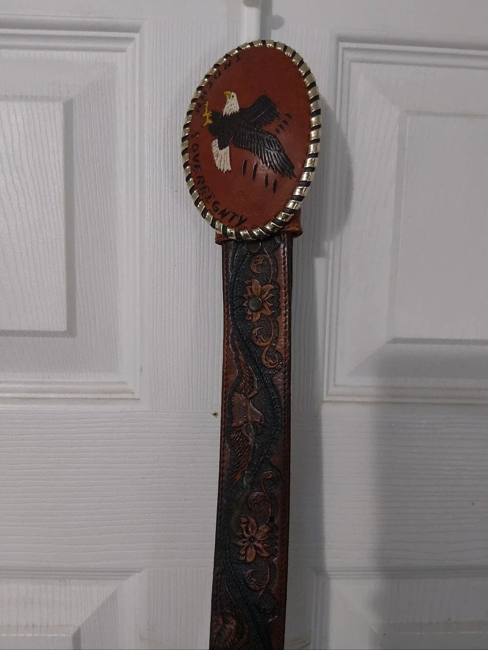 Tooled Leather Belt with Eagle Concho - Brown & Black